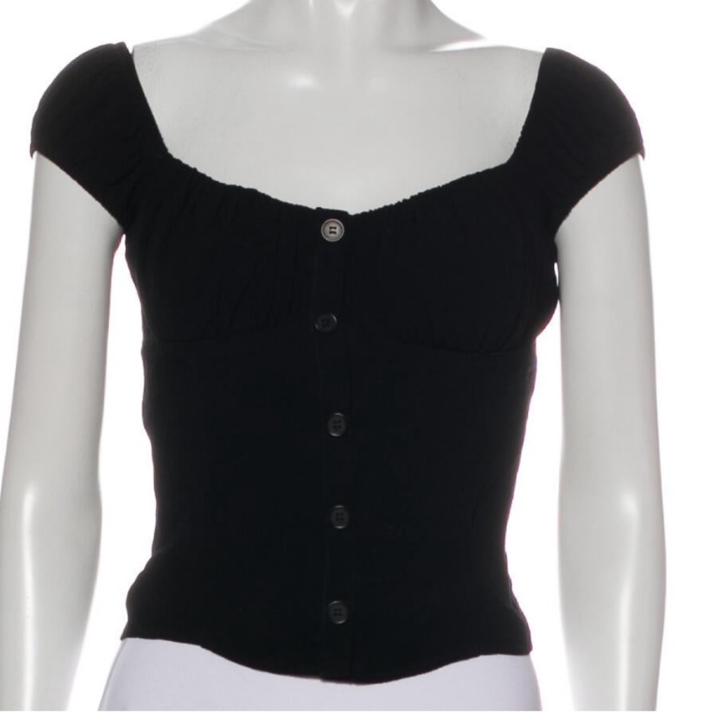 Reformation button up black ruffled short sleeve top